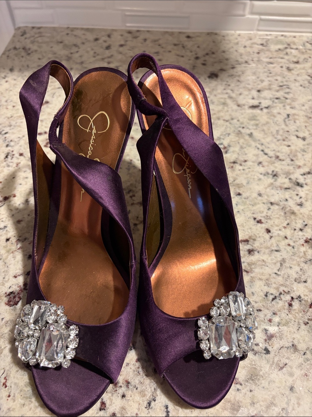 Jessica Simpson Deep Purple Satin Slingback Heels with Crystal Buckle